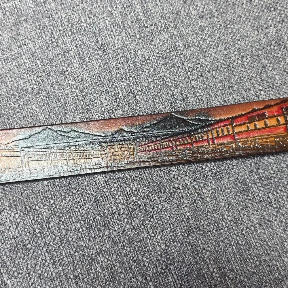 Vtg Train Western Tooled Leather Belt Mountain Buckle Steam Engines Tunnels